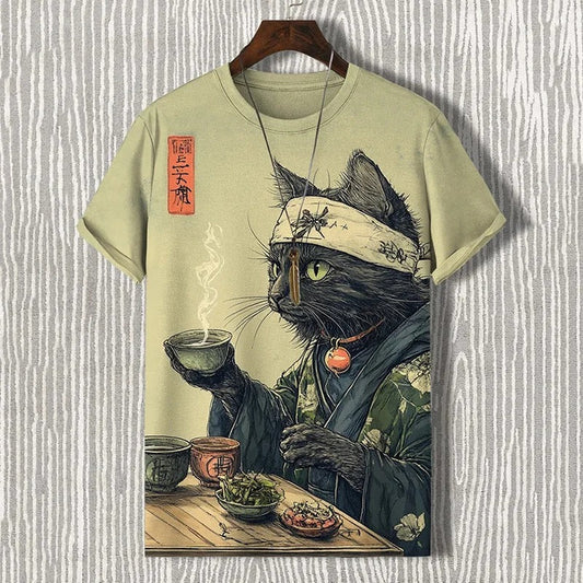 Vesper Men's Zen Cat Japanese Tea Ceremony Art Print T-Shirt