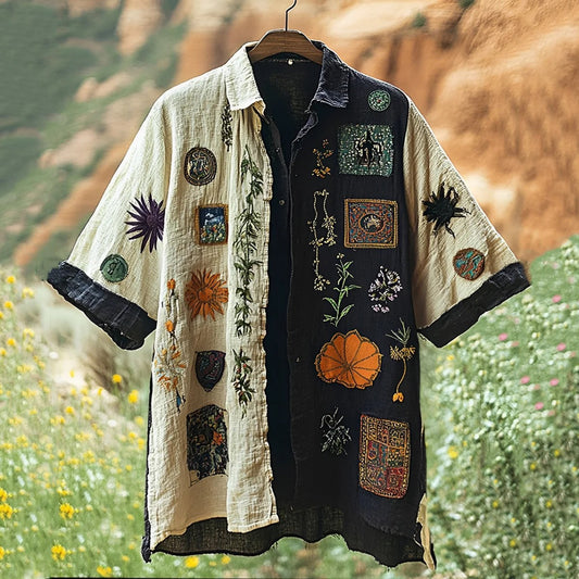 Vesper Men's Vintage Spliced Contrasting Linen Shirt