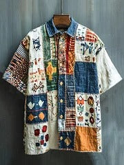 Vesper Men's Vintage Spliced Contrasting Geometric Linen Shirt