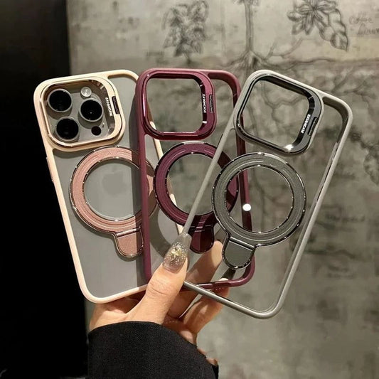 WrapLab Metal Camera Ring Kickstand Stand Transparent Mag-Safe Case Cover For iPhone