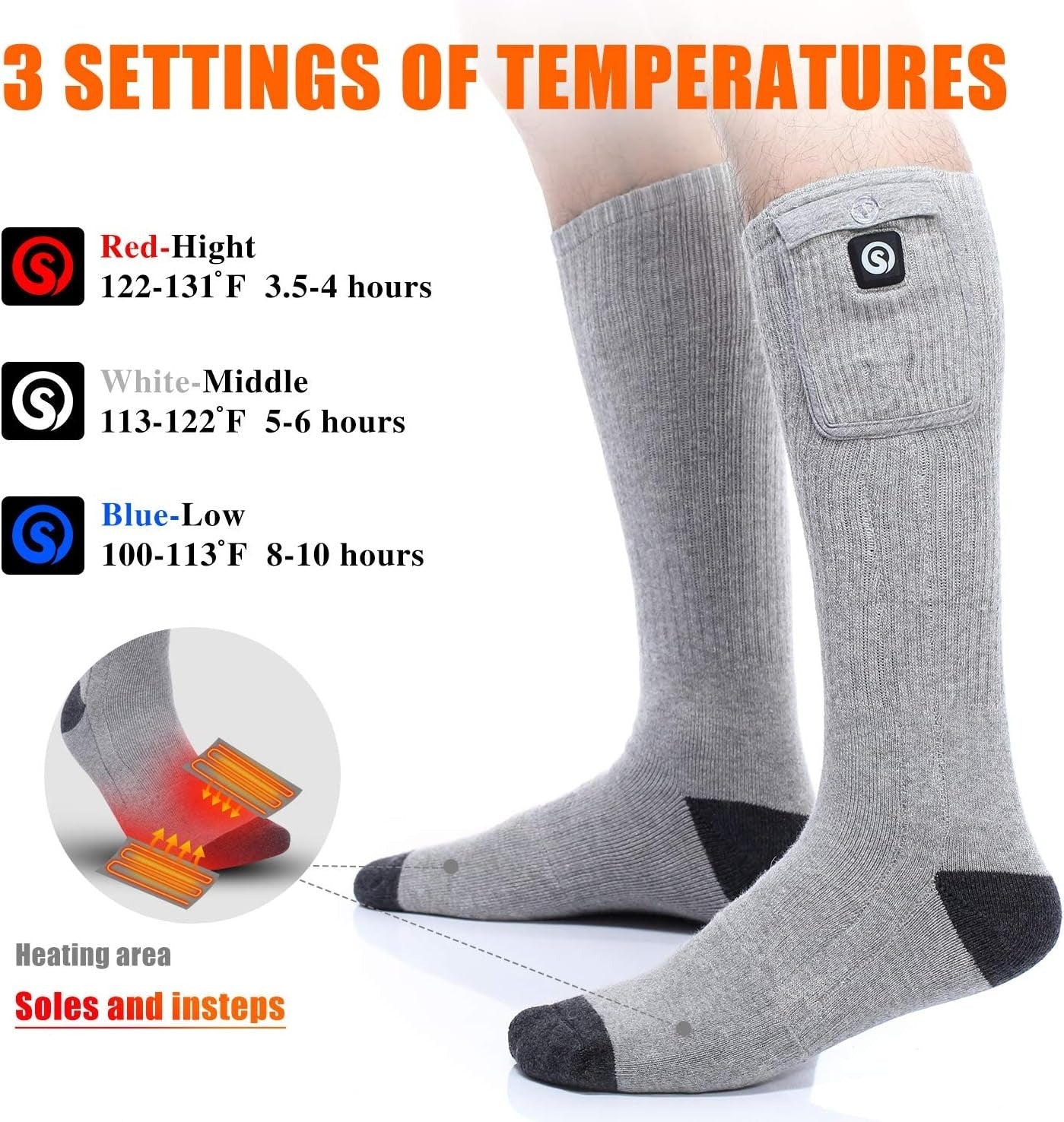 Heated Socks for Men Women, Electric Socks with 7.4V 2200mAh Rechargeable (Pack of 2)